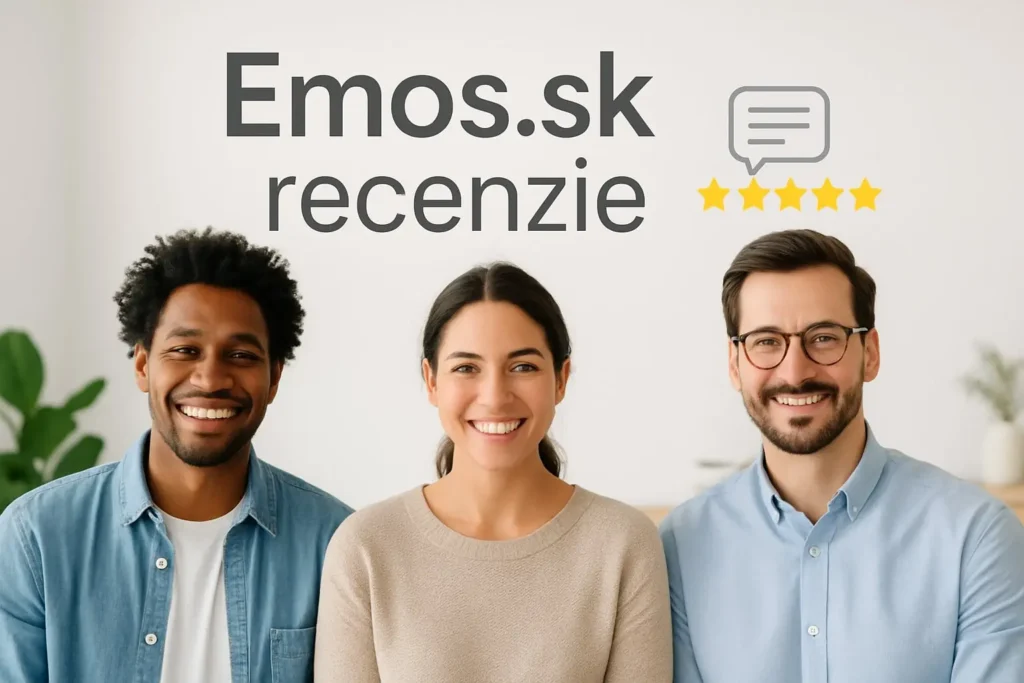 Pozitívny, moderný obrázok s textom „Emos.sk recenzie“ v slovenskom jazyku, evokujúci dôveru a spokojnosť zákazníkov, dizajn čistý, profesionálny a vizuálne príjemný.