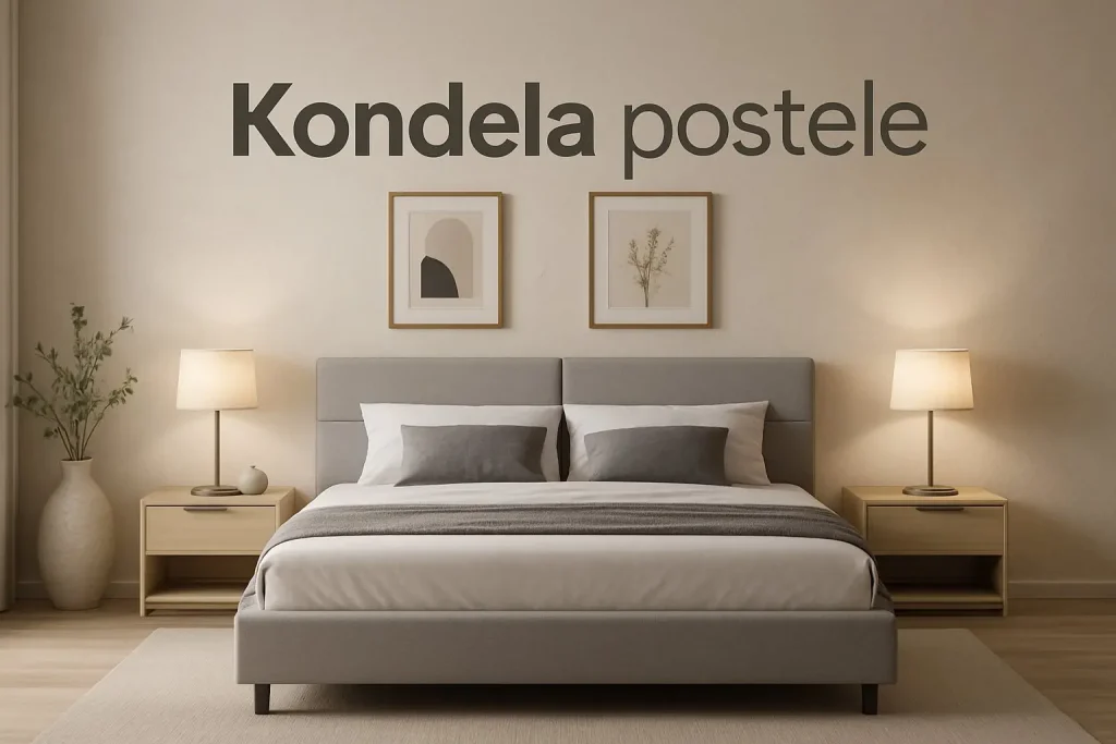Fotorealistická moderná spálňa so štýlovou manželskou posteľou Kondela, doplnená o nočné stolíky, lampy a dekorácie. Na obrázku veľký nadpis textom: ‚Kondela postele‘.
