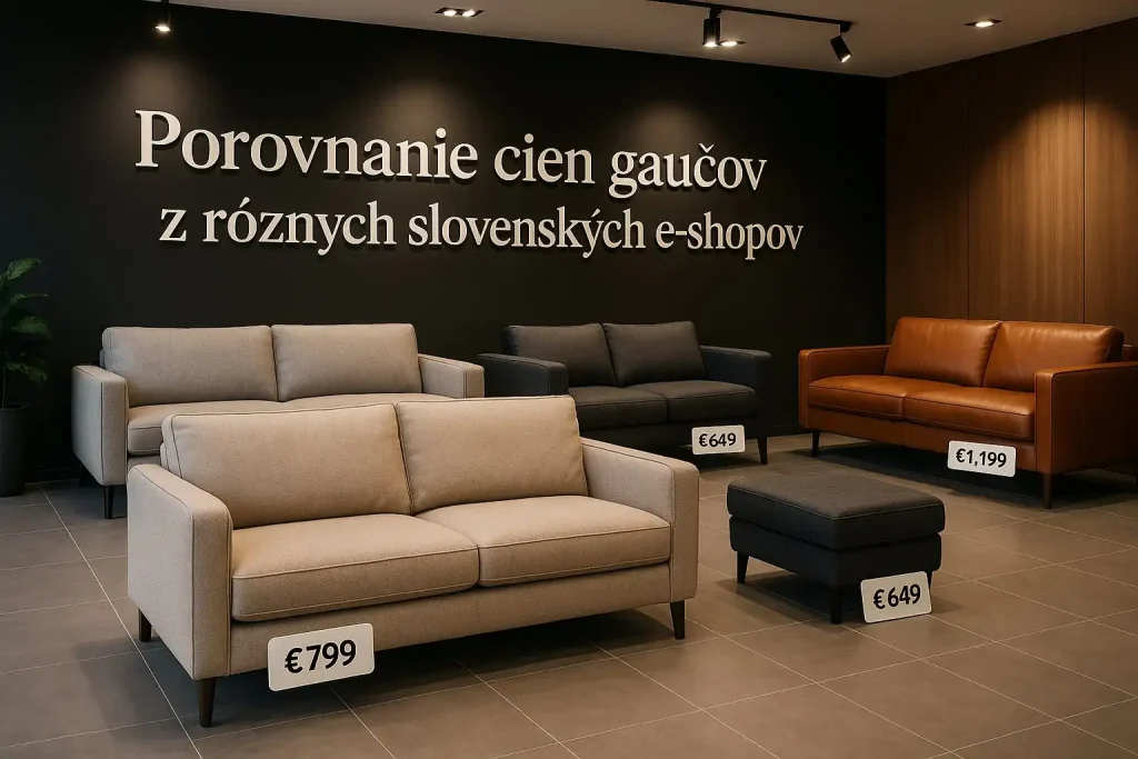 Porovnanie cien gaučov z rôznych slovenských e-shopov – vizuálne zobrazenie rôznych štýlov a cenových kategórií pre jednoduchý výber ideálneho gauča.