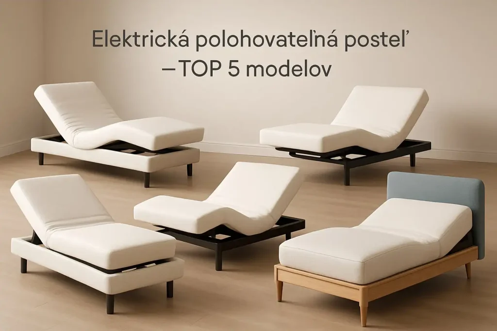 Prehľad piatich TOP modelov elektrických polohovateľných postelí s rôznymi typmi polohovania, moderný a predajný vizuál.