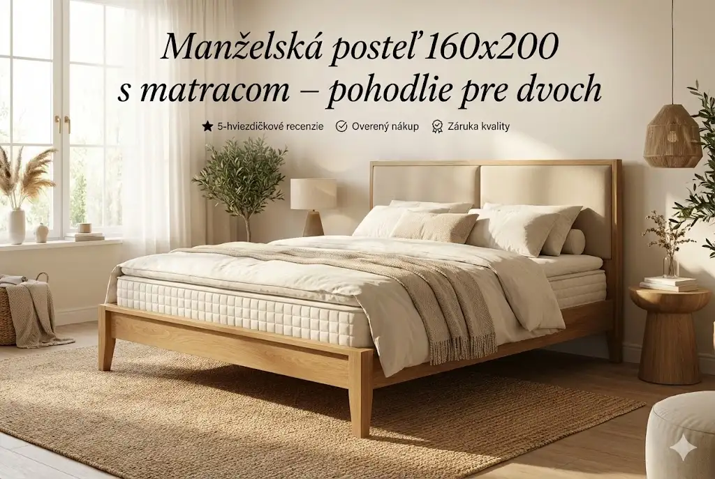 Luxusná manželská posteľ 160x200 s matracom v modernej spálni – pohodlné a stabilné dvojlôžko pre kvalitný spánok.