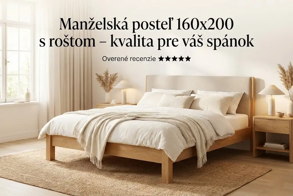 Moderná manželská posteľ 160x200 s kvalitným roštom v elegantnej spálni.