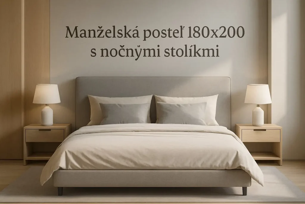 Fotorealistický záber manželskej postele 180×200 v modernej spálni s dvoma nočnými stolíkmi; detailné textúry látok, dreva a kovových prvkov, vhodné pre e-shop.