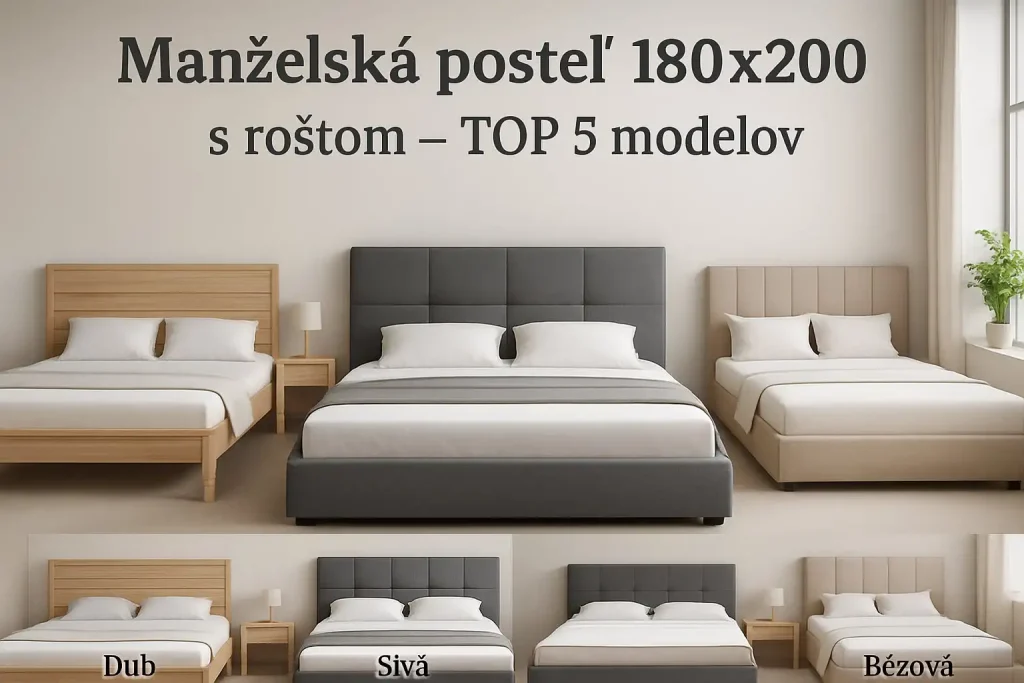 Koláž piatich top modelov manželských postelí 180×200 so zameraním na typ roštu (lamelový, polohovateľný, pevný); detailné prevedenie materiálov a predajný showroom vizuál.
