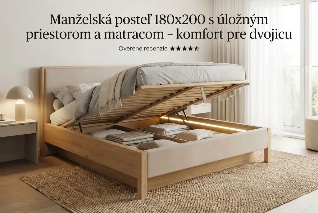 Moderná manželská posteľ 180x200 s matracom a úložným priestorom v elegantnej spálni.
