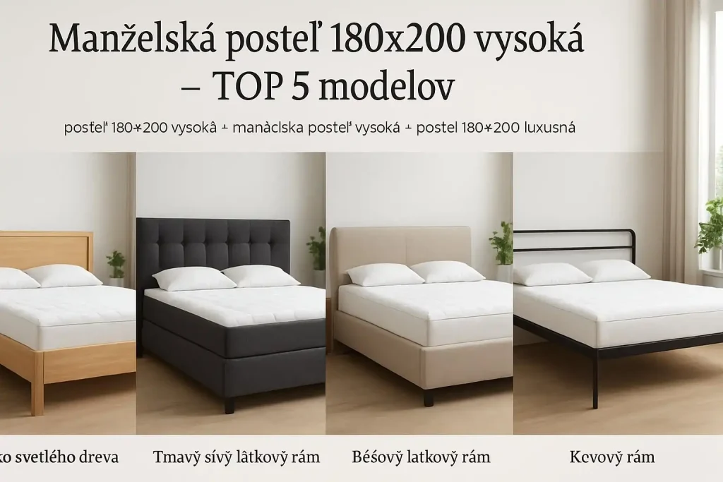 Koláž piatich top modelov vysokých manželských postelí 180×200; zameranie na materiál, výšku rámu, detailné prevedenie a predajný showroom vizuál.