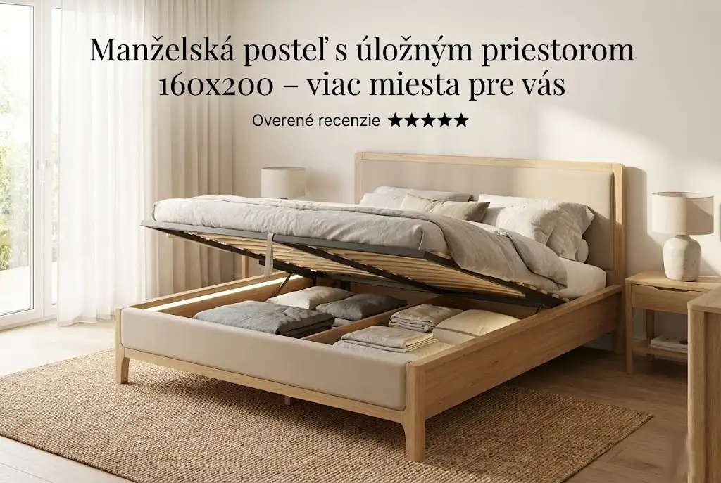 Manželská posteľ 160x200 s úložným priestorom v modernej elegantnej spálni.