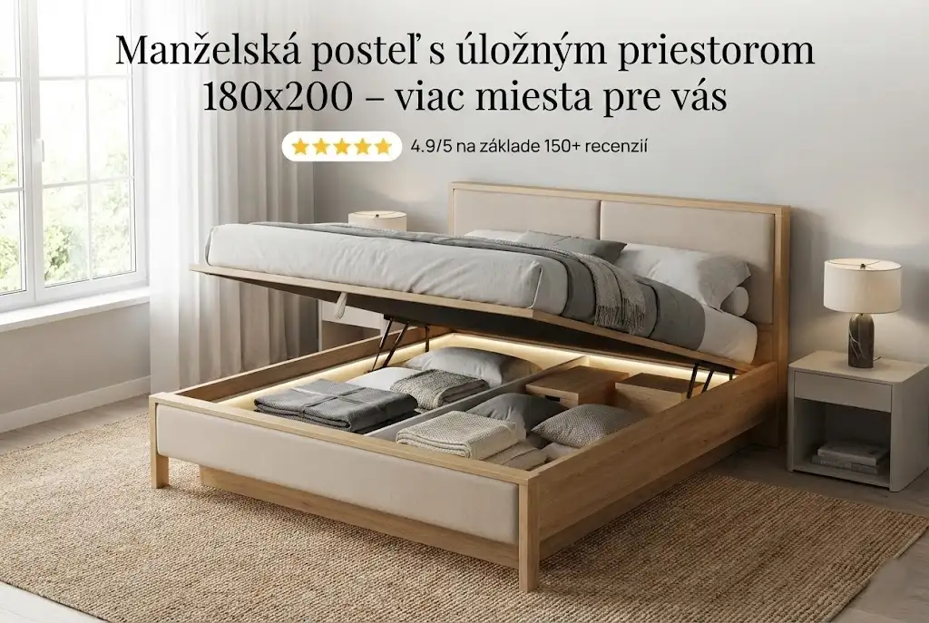 Moderná manželská posteľ s úložným priestorom 180x200 v elegantnej spálni.