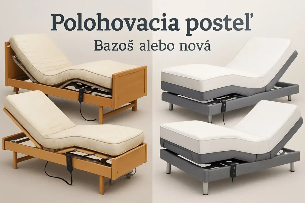Koláž polohovacích postelí – staršia z bazáru a nová moderná posteľ; zobrazené polohovacie rámce, matrace a ovládanie; vizuál vhodný pre recenzie a e-shop.