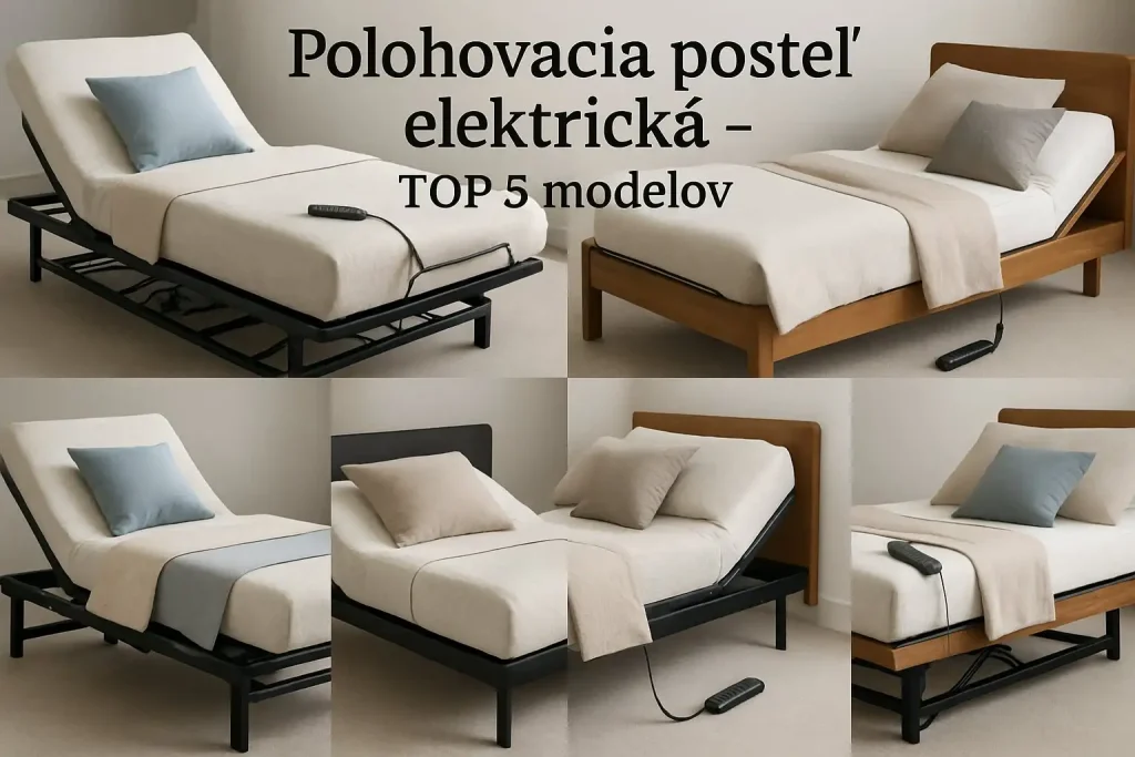 Koláž piatich najlepších elektrických polohovacích postelí s detailným zobrazením polohovateľného rámu, ovládania a matraca; vizuál vhodný pre e-shop a recenzie.
