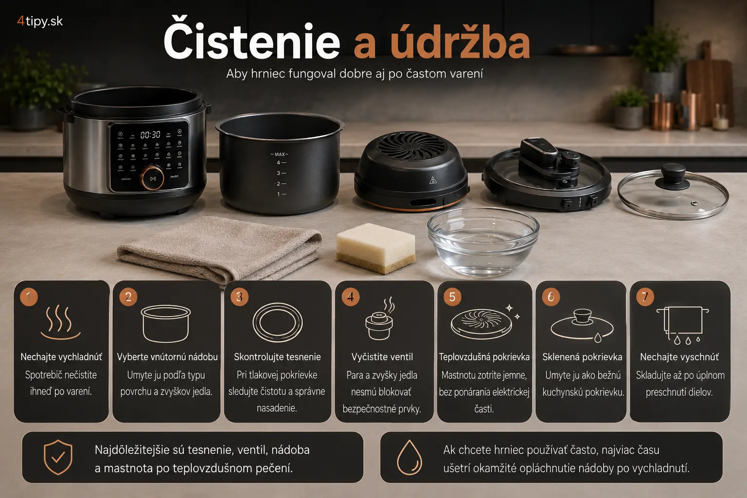 čistenie Salente Ario II, údržba Salente Ario II, ako čistiť multifunkčný hrniec, čistenie teplovzdušnej pokrievky, čistenie tlakovej pokrievky, čistenie sklenenej pokrievky, vnútorná nádoba 6 l, nerezová nádoba Salente Ario II, údržba tesnenia tlakového hrnca, čistenie po varení pod tlakom, čistenie po teplovzdušnom pečení, údržba kuchynského spotrebiča, Salente Ario II praktická recenzia