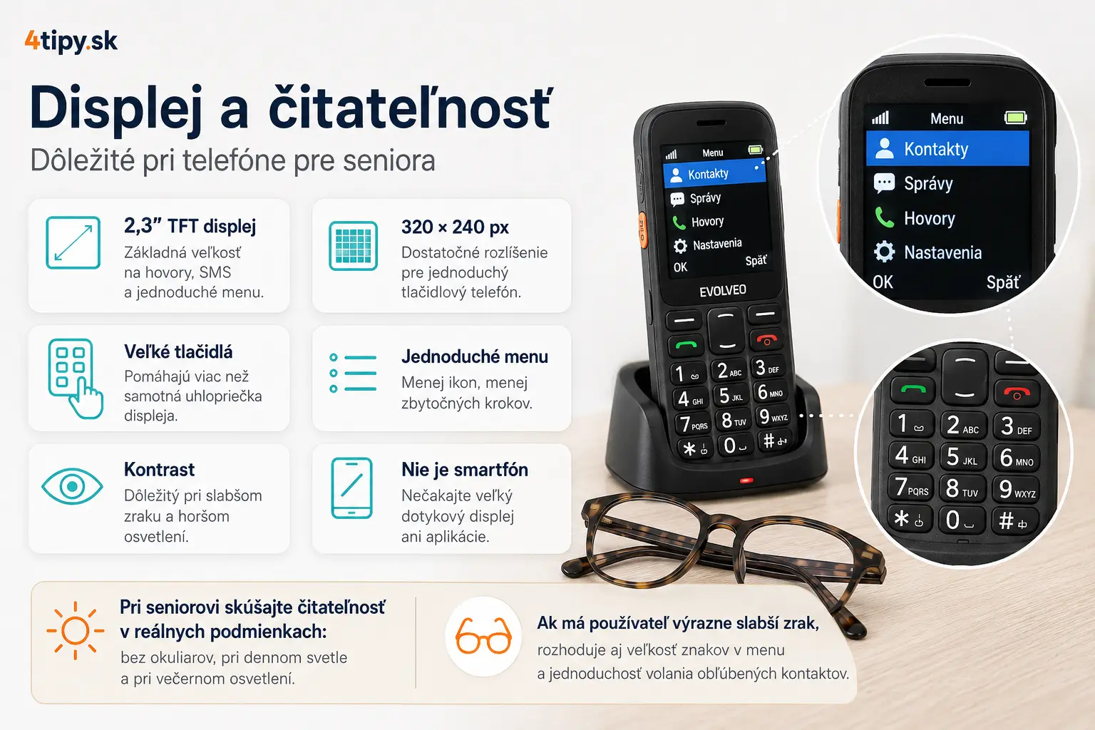 displej EVOLVEO EasyPhone XR, čitateľnosť EVOLVEO EasyPhone XR, 2,3 palcový TFT displej, rozlíšenie 320 x 240 px, telefón pre seniorov veľké písmo, tlačidlový mobil veľký displej, jednoduché menu pre seniorov, čitateľný displej na mobile, EVOLVEO EasyPhone XR ovládanie, veľké oddelené tlačidlá, mobil pre slabší zrak, telefón pre rodičov, senior mobil recenzia, jednoduchý displej bez smart funkcií