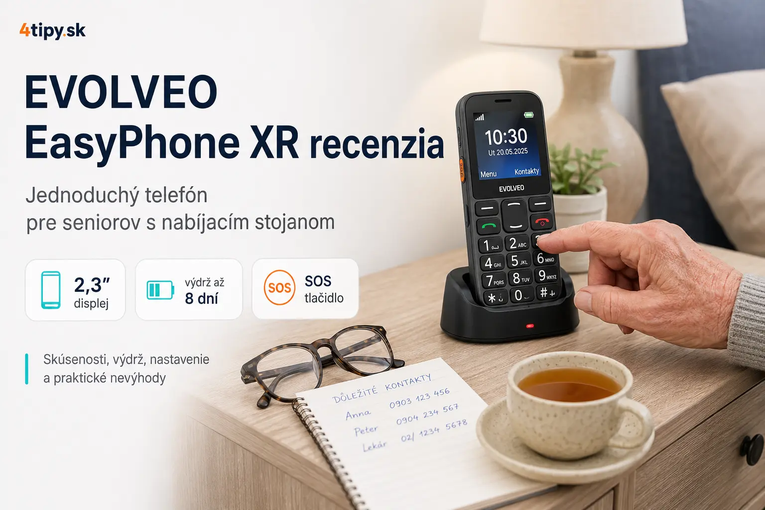 EVOLVEO EasyPhone XR recenzia, EVOLVEO EasyPhone XR skúsenosti, telefón pre seniorov recenzia, tlačidlový mobil pre seniorov, jednoduchý mobil pre rodičov, EVOLVEO EasyPhone XR výdrž batérie, batéria 1000 mAh, výdrž až 8 dní, nabíjací stojan pre seniorov, SOS tlačidlo, veľké tlačidlá, 2,3 palcový displej, FM rádio, hlasný reproduktor, baterka v mobile, jednoduché ovládanie, Mini SIM, 2G telefón, nevýhody EVOLVEO EasyPhone XR, mobil pre staršiu generáciu