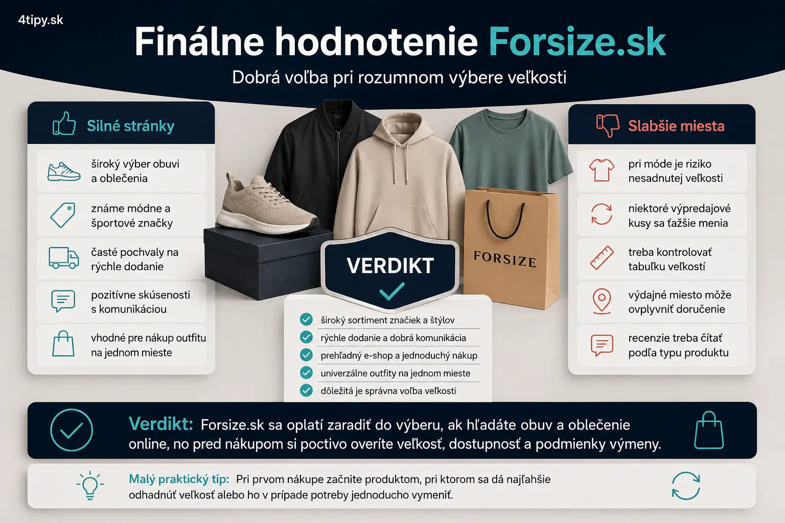 finálne hodnotenie Forsize.sk, záver recenzie Forsize, Forsize.sk hodnotenie, oplatí sa Forsize.sk, Forsize výhody a nevýhody, módny e-shop recenzia, obuv a oblečenie Forsize, zákaznícke skúsenosti Forsize, rýchle dodanie Forsize, komunikácia obchodu Forsize, pozor na veľkosti obuvi, recenzia Forsize.sk 4tipy, nákup oblečenia online odporúčanie, značka Forsize recenzia, hodnotenie e-shopu s módou