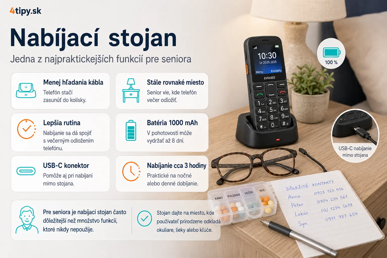 nabíjací stojan EVOLVEO EasyPhone XR, nabíjacia kolíska pre seniorov, jednoduché nabíjanie telefónu, senior mobil s nabíjacím stojanom, telefón do stojana, pohodlné každodenné nabíjanie, EVOLVEO EasyPhone XR USB-C, nabíjanie približne 3 hodiny, batéria 1000 mAh, výdrž až 8 dní, mobil pre rodičov nabíjanie, stojan na nočný stolík, jednoduchý telefón pre dôchodcov