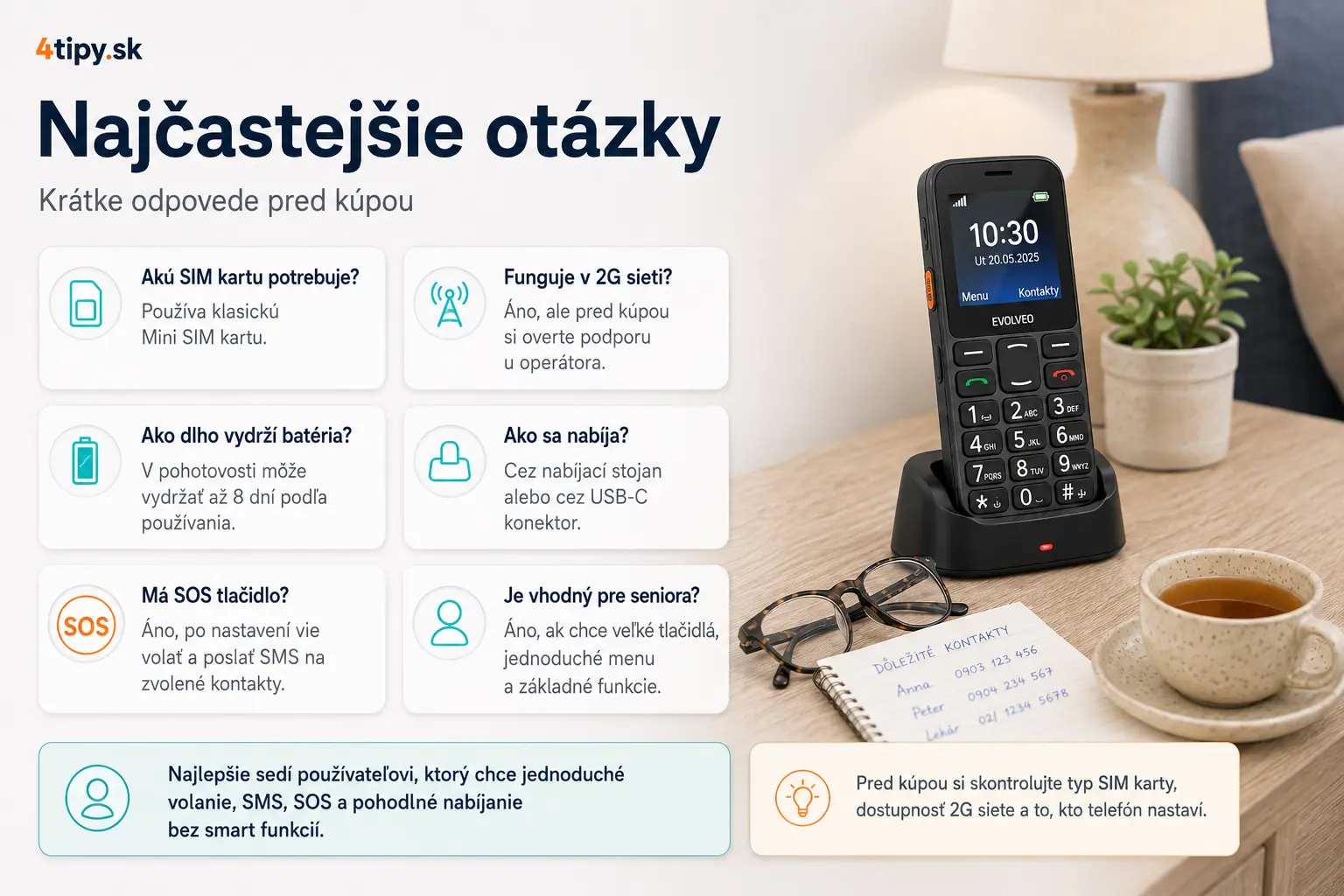 najčastejšie otázky EVOLVEO EasyPhone XR, EVOLVEO EasyPhone XR FAQ, otázky a odpovede telefón pre seniorov, aká SIM karta EVOLVEO EasyPhone XR, Mini SIM karta, je EVOLVEO EasyPhone XR 2G, výdrž batérie až 8 dní, nabíjací stojan EVOLVEO, SOS tlačidlo ako funguje, displej 2,3 palca, microSD karta do 32 GB, Bluetooth 3.0, FM rádio, hlasný reproduktor, nevýhody EVOLVEO EasyPhone XR, mobil pre seniora FAQ