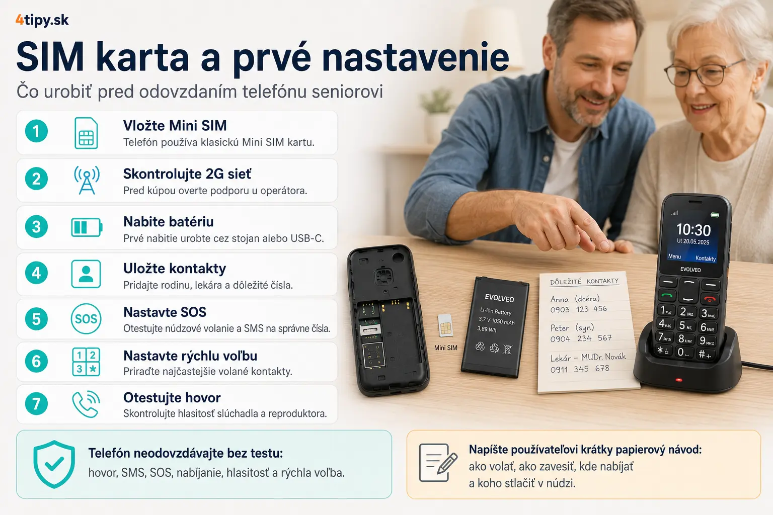 SIM karta EVOLVEO EasyPhone XR, prvé nastavenie EVOLVEO EasyPhone XR, Mini SIM telefón pre seniorov, 2G telefón EVOLVEO EasyPhone XR, nastavenie kontaktov pre seniora, rýchla voľba EVOLVEO, SOS tlačidlo nastavenie, prvé zapnutie senior mobilu, microSDHC karta do 32 GB, Bluetooth 3.0, FM rádio nastavenie, hlasný reproduktor, jednoduché menu, telefón pre rodičov prvé nastavenie