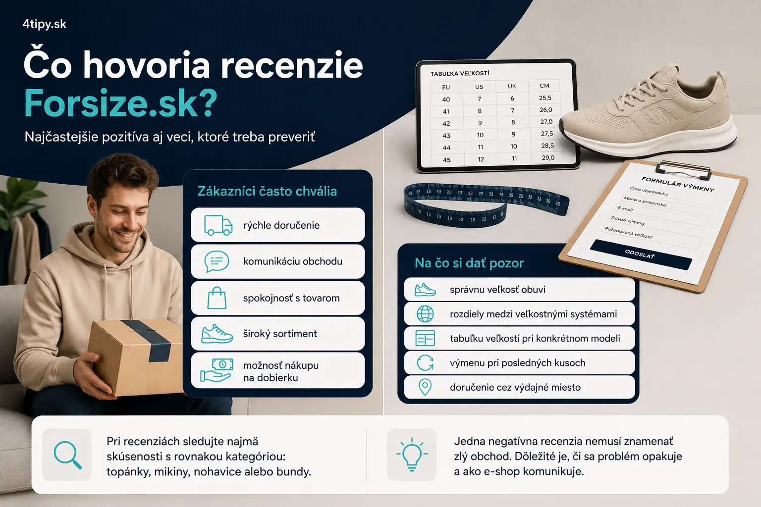Forsize.sk skúsenosti zákazníkov, Forsize recenzie Heureka, čo hovoria recenzie Forsize, pozitívne recenzie Forsize.sk, negatívne recenzie Forsize, rýchle dodanie Forsize, komunikácia obchodu Forsize, výmena veľkosti Forsize, problém s veľkosťou topánok, veľkostná tabuľka Forsize, spokojnosť s tovarom Forsize, online módny obchod recenzie, Heureka Forsize odporúčanie, nákup oblečenia skúsenosti, zákaznícke hodnotenia Forsize.sk
