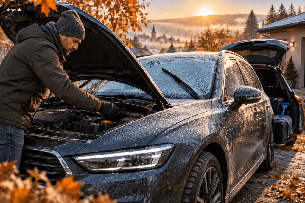 Zimná kontrola auta pred prvými mrazmi – príprava vozidla na zimu, kontrola autobatérie, zimných pneumatík, chladiacej kvapaliny, kvapaliny do ostrekovačov, stieračov, čelného skla, svetiel, bŕzd, tesnení dverí, zámkov a povinnej či núdzovej zimnej výbavy auta.
