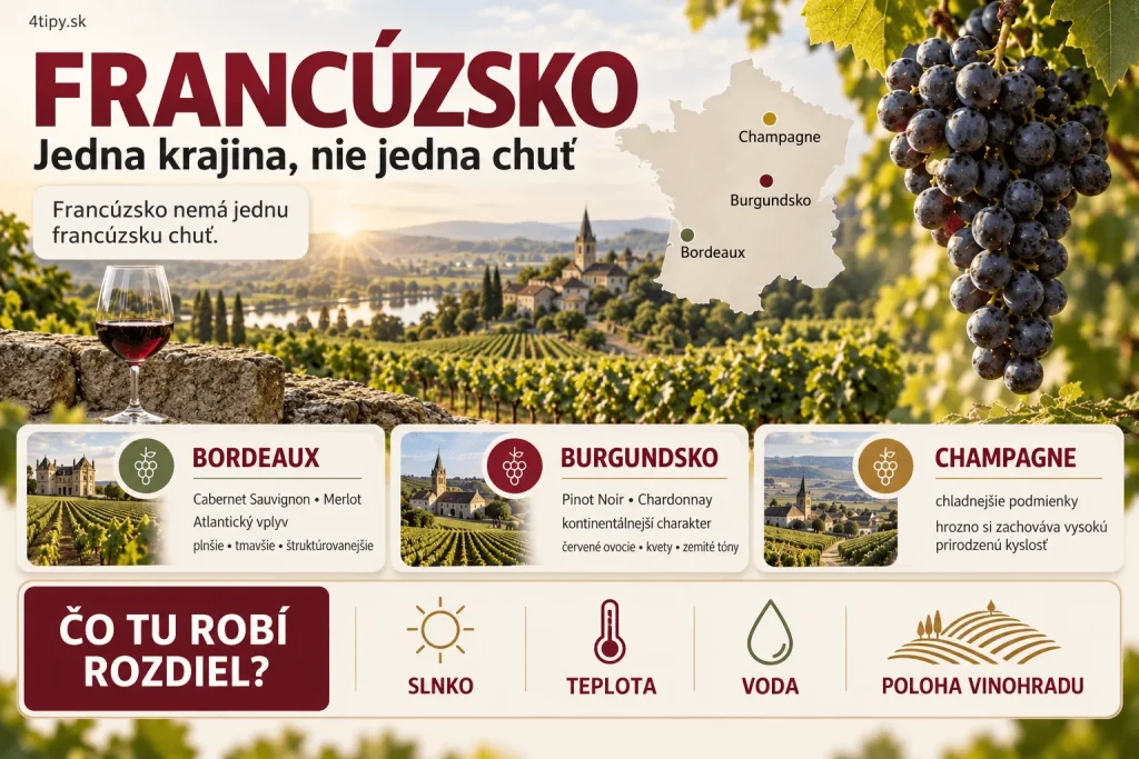 Infografika o francúzskom víne, hrozne a terroire porovnávajúca Bordeaux, Burgundsko a Champagne, odrody Cabernet Sauvignon, Merlot, Pinot Noir a Chardonnay a vplyv Atlantiku, chladnej klímy, slnka, vody a polohy vinohradu na chuť vína.