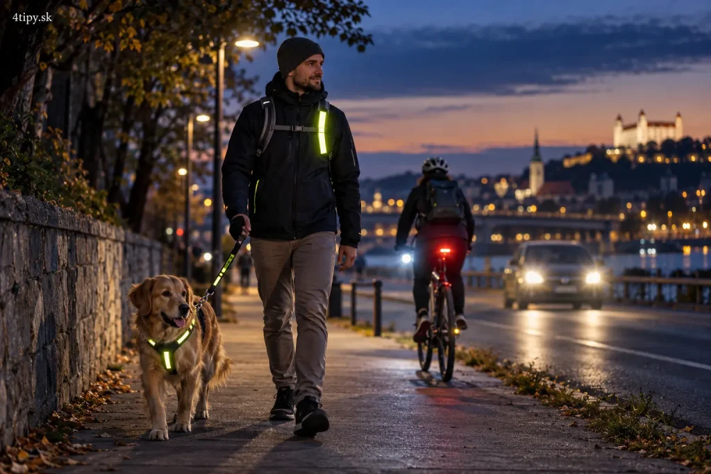 Skoré stmievanie a bezpečnosť za šera a tmy – reflexné prvky na oblečení, reflexná vesta, aktívne svetlo, baterka, bezpečná cesta domov, osvetlenie bicykla a kolobežky, viditeľnosť detí a seniorov, venčenie psa za tmy, čisté čelné sklo auta a príprava na jesenné a zimné večery.