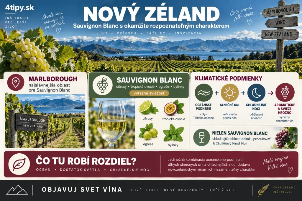 Infografika o novozélandskom víne a Sauvignon Blanc z Marlborough, námornom podnebí, slnečných dňoch a chladných nociach, citrusových, tropických, egrešových a bylinných arómach a pestovaní Pinot Noir na Novom Zélande.