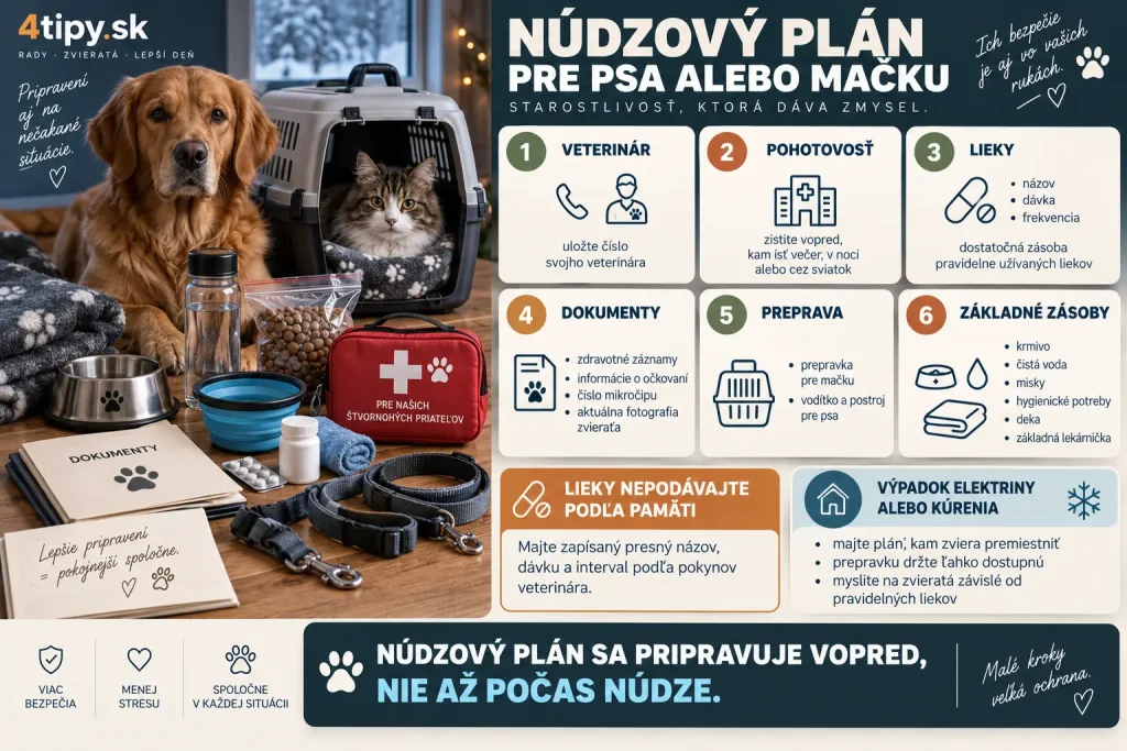 Núdzový plán pre psa a mačku – veterinárna pohotovosť, telefónne číslo veterinára, lieky a dávkovanie, zdravotná dokumentácia, mikročip, prepravka, vodítko, zásoba krmiva a vody, lekárnička pre domáce zvieratá, aktuálna fotografia a pripravenosť na výpadok elektriny alebo zimnú núdzovú situáciu.