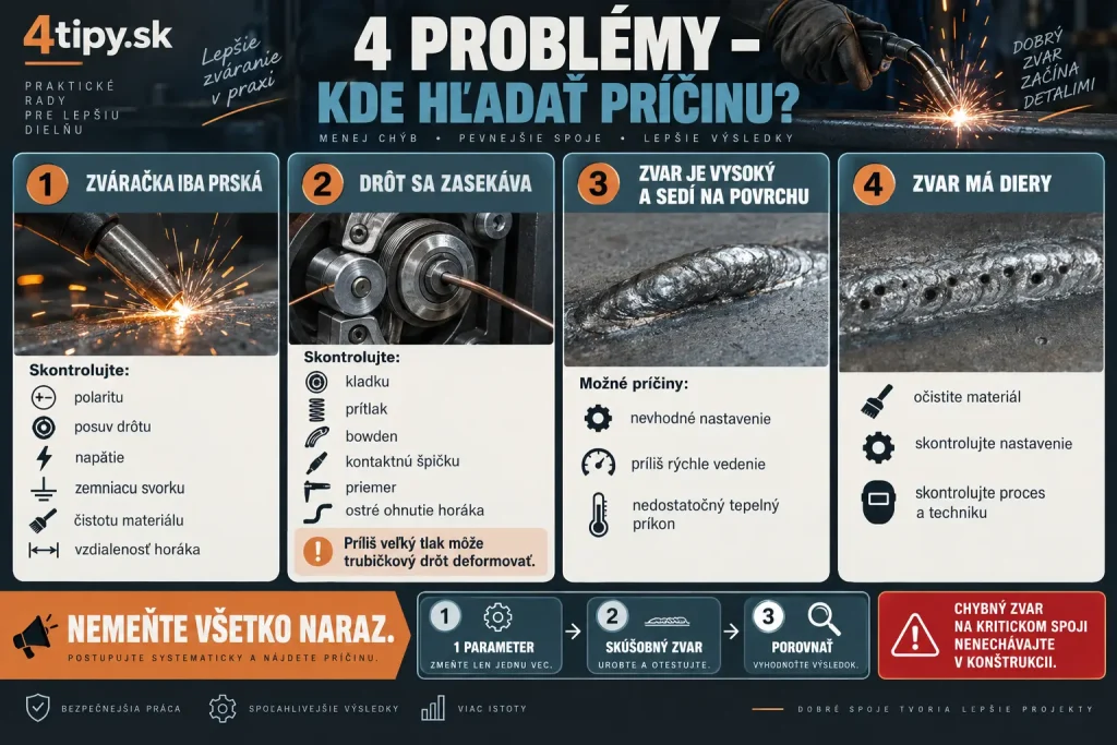 Najčastejšie chyby pri FLUX zváraní bez plynu – zváračka prská, nesprávna polarita, zlý posuv drôtu, nevhodné napätie, zlá zemniaca svorka, špinavý materiál, zasekávanie drôtu, nesprávna kladka, vysoký zvar a pórovitosť.