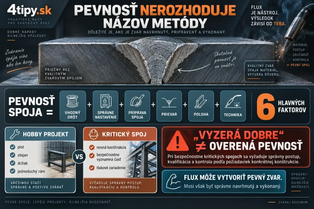Pevnosť FLUX zvaru – samoochranný trubičkový drôt, pevnosť zváraného spoja, prievar, príprava spoja, správne nastavenie, poloha zvárania, technika zvárača, nosné konštrukcie a rozdiel medzi hobby zvarom a bezpečnostne kritickým spojom.