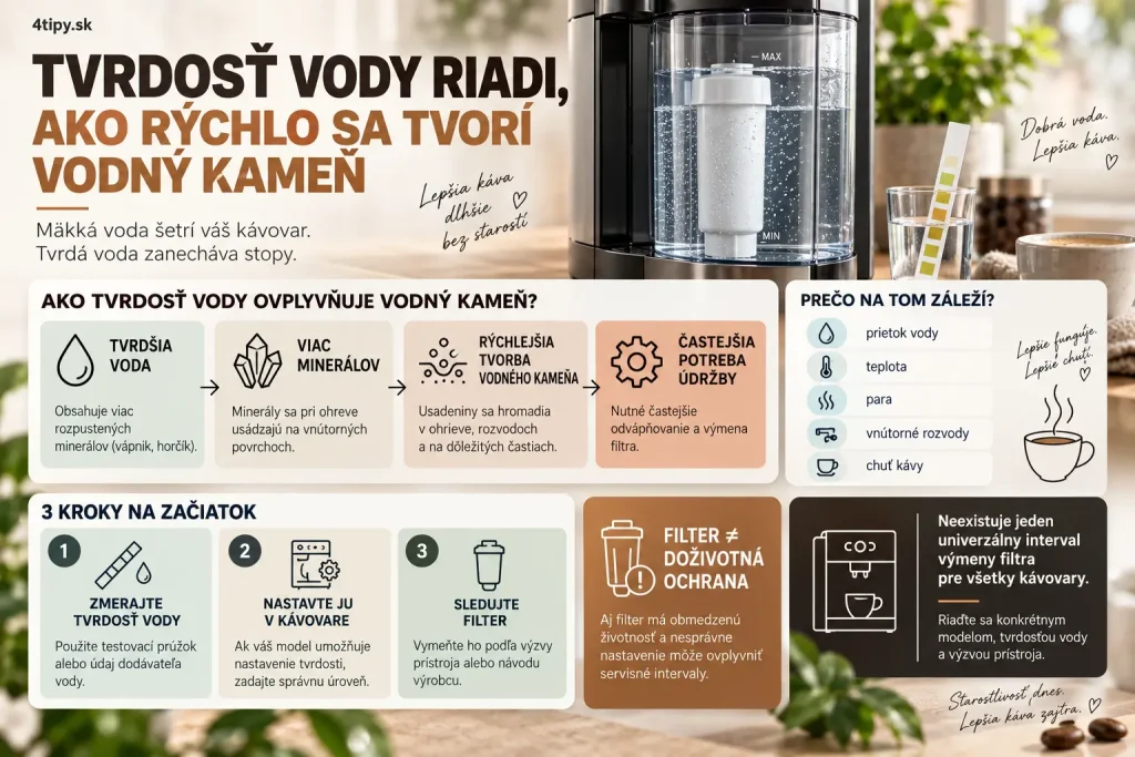 Tvrdosť vody v kávovare a vodný filter – test tvrdosti vody, nastavenie tvrdosti v automatickom kávovare, vodný kameň, interval odvápnenia, výmena filtra, čerstvá voda, minerálne usadeniny, ochrana vnútorných rozvodov a správna údržba espresso kávovaru.