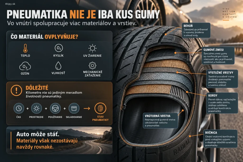 Konštrukcia automobilovej pneumatiky a starnutie gumy – informačná infografika vysvetľujúca gumové zmesi, výstužné vrstvy, kordy a vnútornú konštrukciu pneumatiky a vplyv tepla, kyslíka, UV žiarenia, ozónu, vlhkosti, zaťaženia a skladovania na životnosť pneumatík.