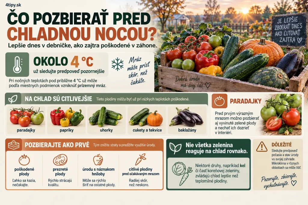 Jesenný zber úrody pred prvým mrazom – paradajky, papriky, uhorky, cukety, tekvice a ďalšie teplomilné plodiny, riziko prízemného mrazu, zber zeleniny v septembri, dozrievanie zelených paradajok v interiéri, ochrana úrody pred chladom a skazením pred októbrom.