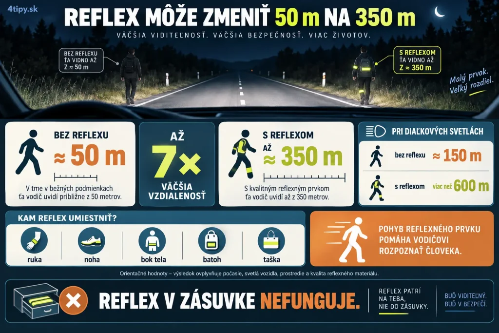 Reflexné prvky na oblečení za tmy – reflexný pásik, reflexná vesta, prívesok na batohu, viditeľnosť chodca približne 50 metrov bez reflexu a až približne 350 metrov s reflexným prvkom pri stretávacích svetlách, bezpečnosť chodcov počas jesenného a zimného súmraku.