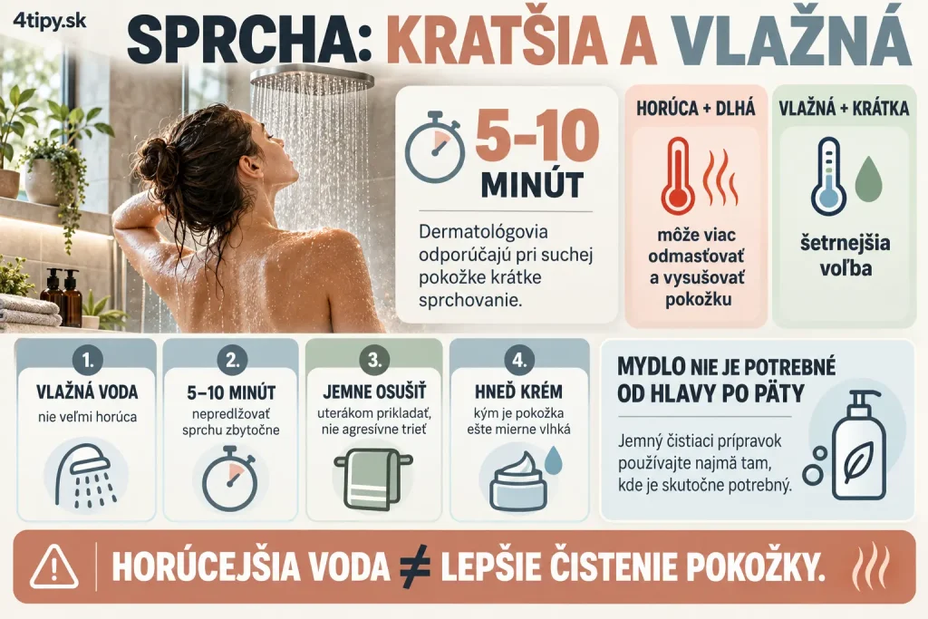 Horúca sprcha a suchá pokožka – odporúčaná krátka sprcha 5 až 10 minút, vlažná voda namiesto horúcej, kožná bariéra, vysušovanie kože, jemný sprchový prípravok, hydratačný krém po sprchovaní a jesenná starostlivosť o suchú a citlivú pokožku.