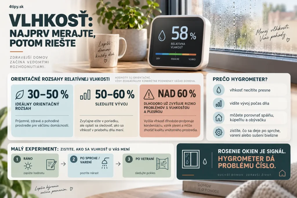 Meranie vlhkosti v byte a dome – digitálny hygrometer, relatívna vlhkosť 30 až 50 percent, kondenzácia na oknách, rosenie skiel, vlhkosť pod 60 percent, prevencia plesní, správne vetranie a kontrola vlhkosti vzduchu v domácnosti počas zimy.