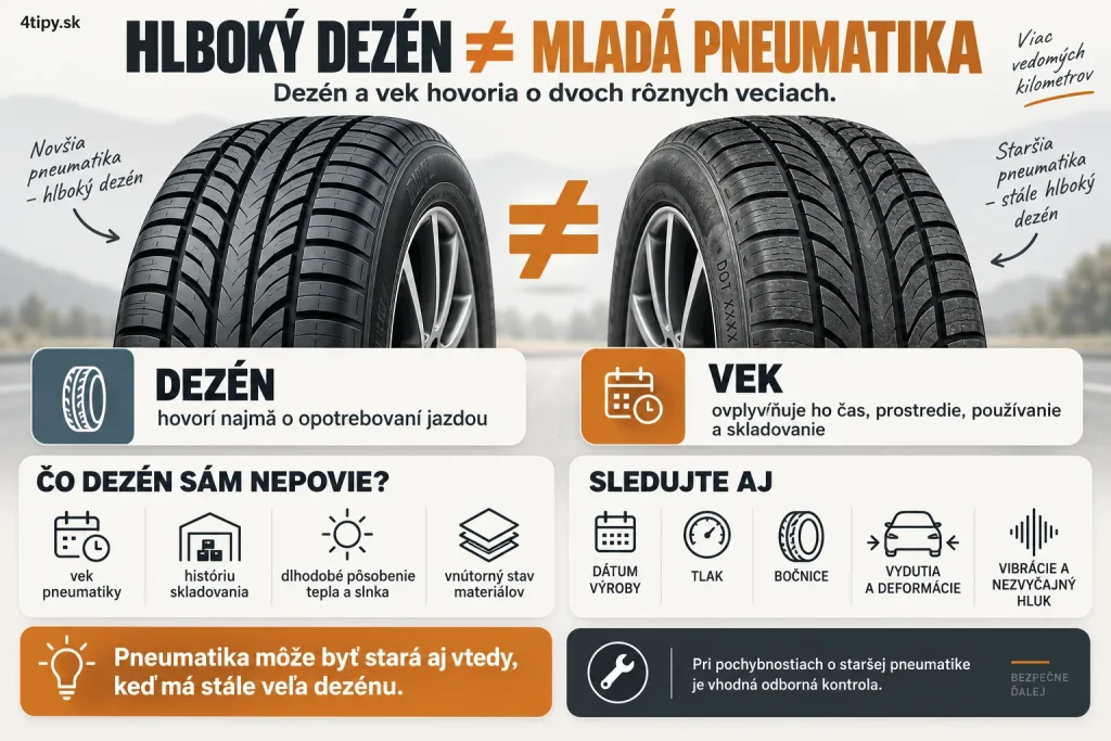 Hlboký dezén verzus vek pneumatiky – prehľadná infografika o starnutí automobilových pneumatík, ktorá vysvetľuje rozdiel medzi opotrebovaním dezénu jazdou a vekom pneumatiky, DOT dátumom výroby, prasklinami, deformáciami, tlakom a kontrolou starších pneumatík.