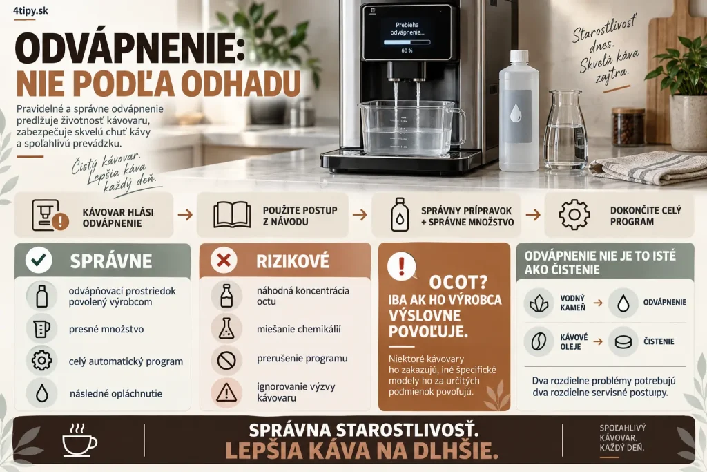 Odvápnenie kávovaru a vodný kameň – správny odvápňovací program, odvápňovač odporúčaný výrobcom, tvrdosť vody, výzva na odvápnenie, ocot v kávovare, riziko poškodenia tesnení a chuti, pravidelná údržba automatického espresso kávovaru.