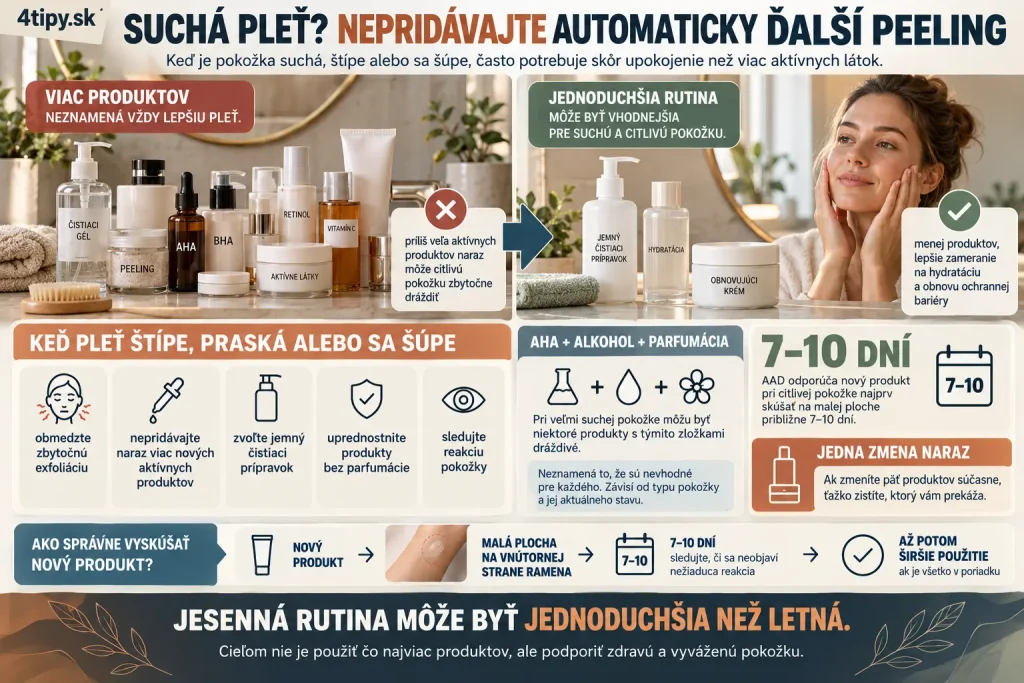 Jesenná rutina pre suchú pleť – obmedzenie peelingu, exfoliačných kyselín AHA, dráždivých aktívnych látok, jemný čistiaci prípravok bez parfumácie, poškodená kožná bariéra, testovanie nového produktu 7 až 10 dní a úprava skincare rutiny pri suchej citlivej pokožke.
