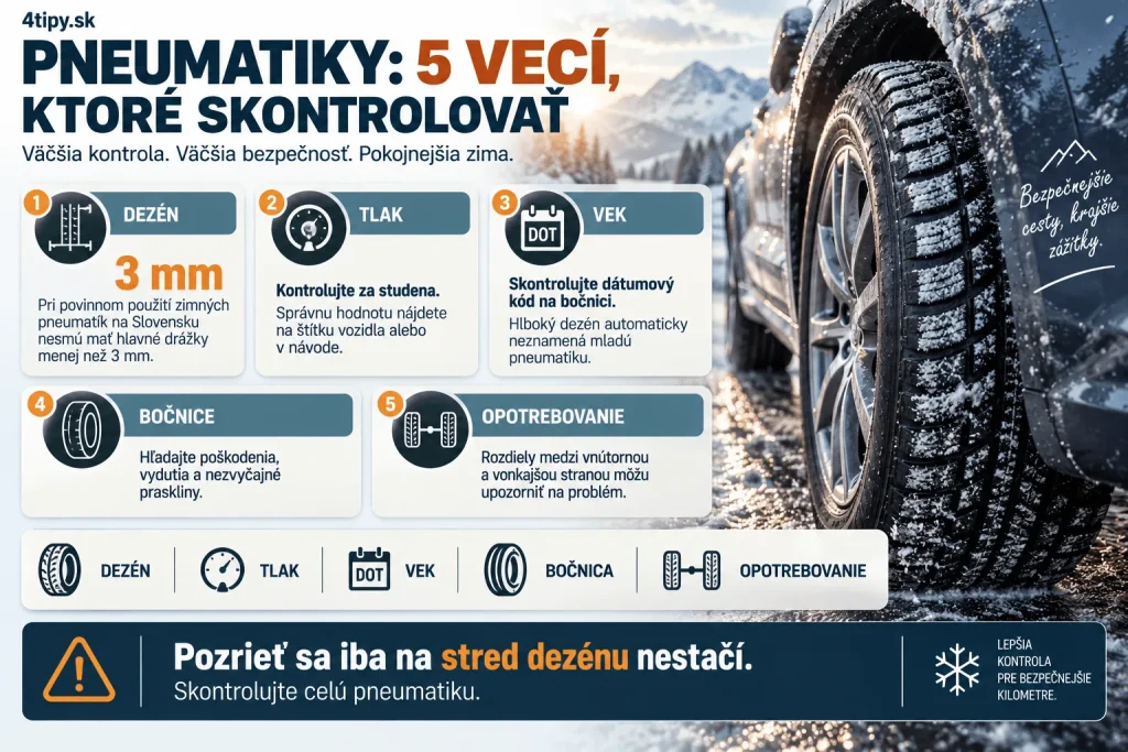 Zimné pneumatiky pred mrazom – kontrola hĺbky dezénu, minimálne 3 mm pri povinnom zimnom obutí na Slovensku, tlak pneumatík, vek DOT, bočnice, praskliny, vydutia, nerovnomerné opotrebovanie a správne zimné pneumatiky pre bezpečnú jazdu na snehu a ľade.