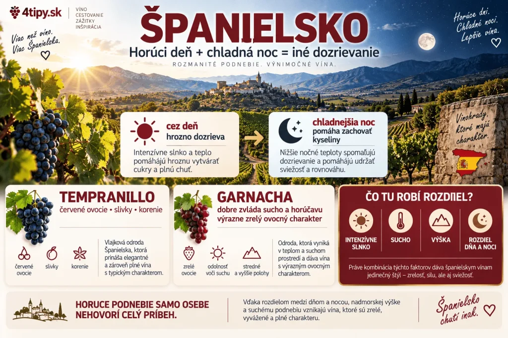Infografika o španielskom hrozne, víne a vinohradoch vysvetľujúca odrody Tempranillo a Garnacha, vplyv vysokej nadmorskej výšky, horúcich dní, chladných nocí, sucha a slnka na dozrievanie, kyslosť a ovocnú chuť vína.