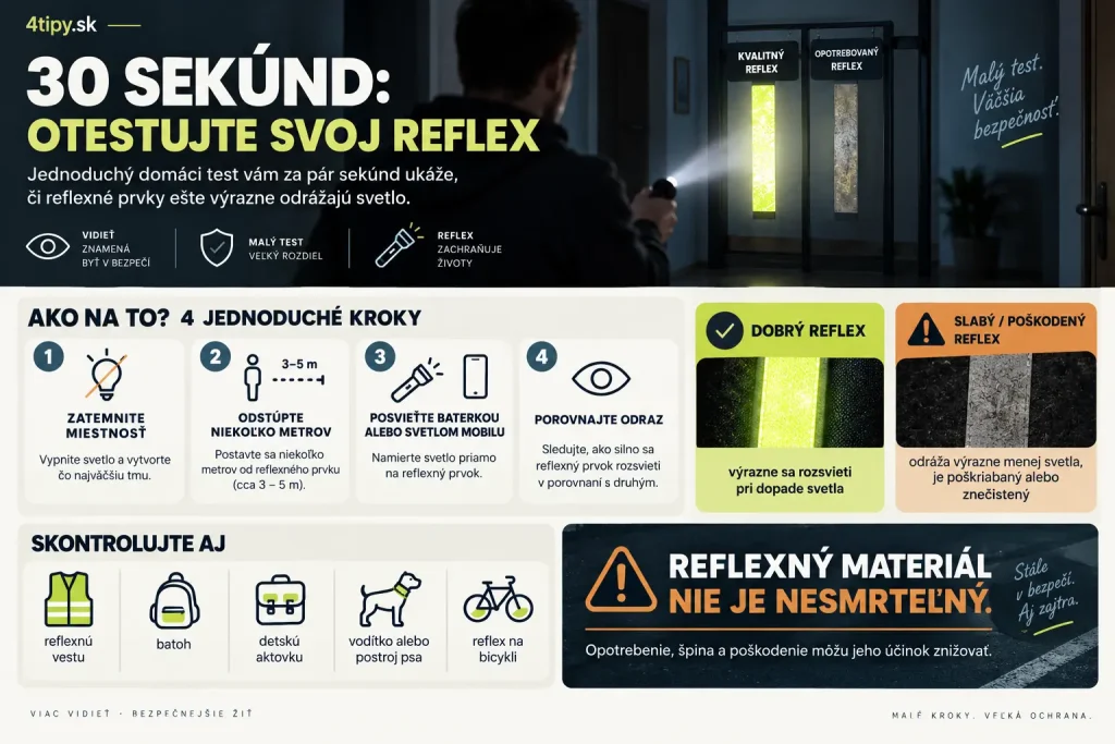 Vytvor prémiovú praktickú infografiku v slovenskom jazyku v pomere strán 3:2, presné rozlíšenie 1800 × 1200 px. TÉMA: „2. Urobte si jednoduchý test viditeľnosti“ CIEĽ: Obrázok musí čitateľovi ukázať jednoduchý domáci test, pomocou ktorého si vie za pár sekúnd overiť, či jeho reflexné prvky stále výrazne odrážajú svetlo. V ľavom hornom rohu: „4tipy.sk“ Všetok text iba v slovenčine. KONZISTENTNÁ VIZUÁLNA IDENTITA: 12-stĺpcová mriežka, Inter Bold / Inter SemiBold / Inter Regular, rovnaké minimalistické lineárne ikonky, rovnaké prémiové zaoblené informačné karty. Farby: #182733 #486575 #F3F0E8 #C8D84E #D88442 #24282B Hlavný nadpis: „30 SEKÚND: OTESTUJTE SVOJ REFLEX“ Dominantný vizuál: Tmavšia chodba alebo miestnosť. Človek svieti baterkou alebo svetlom mobilného telefónu na dve reflexné pásky – jednu kvalitnú a výrazne odrážajúcu svetlo, druhú opotrebovanú a oveľa slabšiu. Vytvor postup: „1. ZATEMNITE MIESTNOSŤ“ „2. ODSTÚPTE NIEKOĽKO METROV“ „3. POSVIEŤTE BATERKOU ALEBO SVETLOM MOBILU“ „4. POROVNAJTE ODRAZ“ Pridaj dve karty: „DOBRÝ REFLEX“ „výrazne sa rozsvieti pri dopade svetla“ „SLABÝ / POŠKODENÝ REFLEX“ „odráža výrazne menej svetla, je poškriabaný alebo znečistený“ Pridaj: „SKONTROLUJTE AJ“ „reflexnú vestu“ „batoh“ „detskú aktovku“ „vodítko alebo postroj psa“ „reflex na bicykli“ Pridaj výraznú vetu: „REFLEXNÝ MATERIÁL NIE JE NESMRTEĽNÝ.“ Pod tým: „Opotrebenie, špina a poškodenie môžu jeho účinok znižovať.“ Použi ikonky: baterka, oko, reflex, mobil, check, výstraha. Bez zdrojov, dátumov alebo URL.