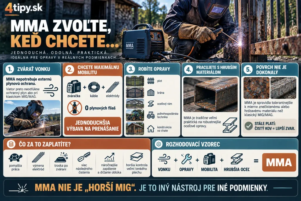 Kedy vybrať MMA zváračku – elektródové zváranie obalenou elektródou, zváranie vonku vo vetre, opravy plotov a oceľových konštrukcií, hrubšia oceľ, zváranie hrdzavejšieho materiálu, mobilná invertorová zváračka bez plynovej fľaše, MMA pre chatu, farmu a domáce opravy.