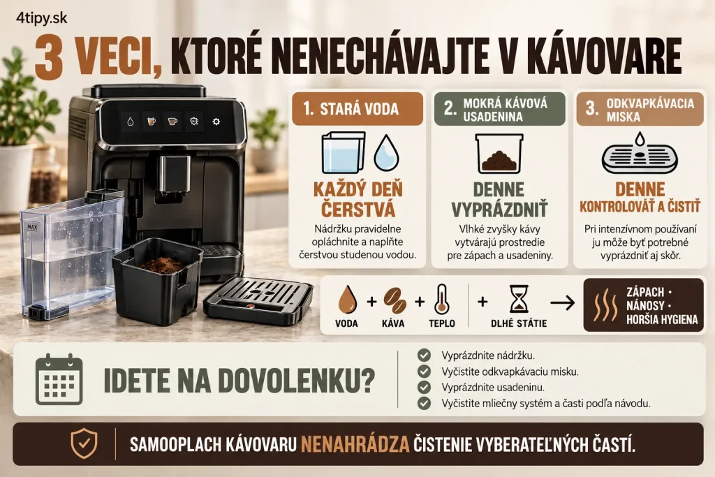 Denné čistenie automatického kávovaru – čerstvá voda každý deň, výmena vody v nádržke, nádoba na kávovú usadeninu, mokrá kávová usadenina, odkvapkávacia miska, usadeniny, hygiena, zápach, pleseň a každodenná údržba espresso kávovaru.