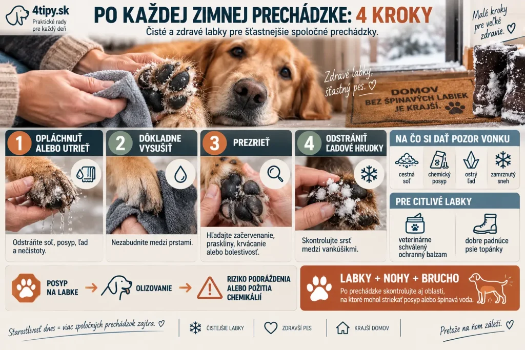 Psie labky v zime – kontrola labiek po prechádzke, cestná soľ, posyp, ľad, sneh a chemikálie, umývanie a sušenie labiek psa, popraskané vankúšiky, začervenanie medzi prstami, ľadové hrudky v srsti, ochranný balzam a zimné topánky pre psa.