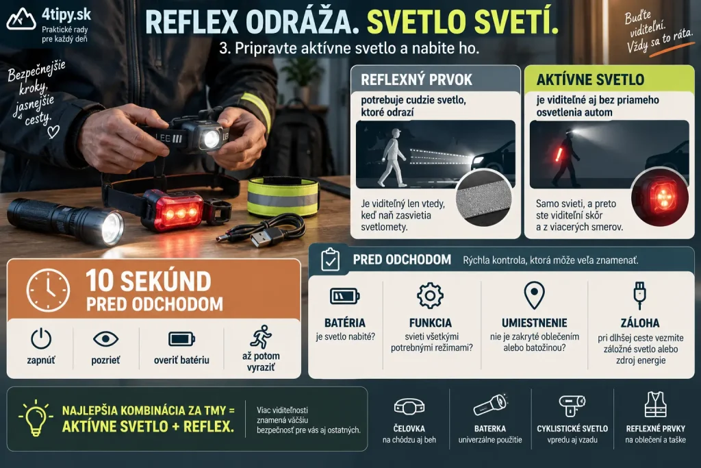 Aktívne svetlo za tmy – nabíjateľná baterka, čelovka, LED svetlo na bicykel, svetlo na psa, kontrola batérie pred večernou cestou, reflex verzus aktívne osvetlenie, USB nabíjanie a bezpečná viditeľnosť chodcov, cyklistov a bežcov.