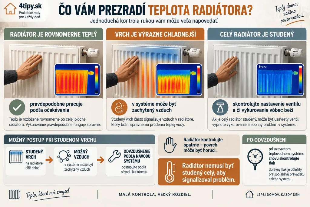 Kontrola radiátorov pred zimou – studený vrch radiátora, vzduch vo vykurovacom systéme, nerovnomerné zohrievanie radiátora, odvzdušnenie, termostatický ventil, kontrola kúrenia rukou a efektívne vykurovanie domácnosti bez zbytočných tepelných strát.