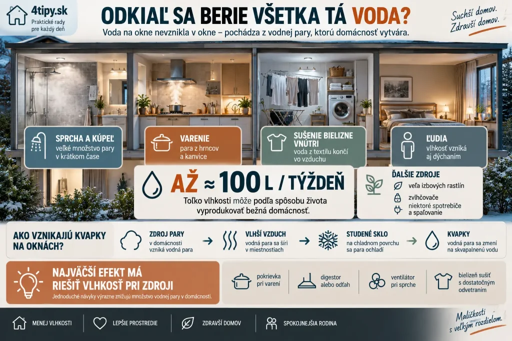 Zdroje vlhkosti a vodnej pary v domácnosti – sprchovanie, kúpanie, varenie, sušenie bielizne v interiéri, dýchanie ľudí, vlhkosť vzduchu, až približne 100 litrov vlhkosti za týždeň, zahmlené okná, kondenzácia, vetranie a prevencia plesní.