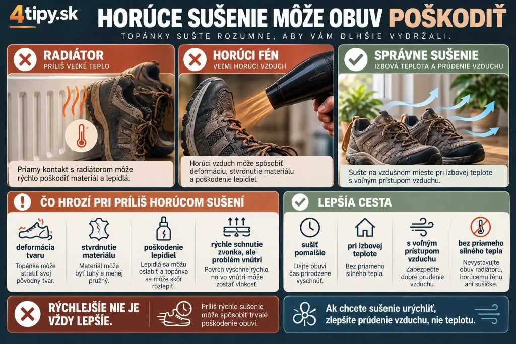 Sušenie topánok na radiátore a horúcim vzduchom – chyba pri starostlivosti o obuv, deformácia topánok, poškodenie lepidla a materiálu, radiátor, fén, sušička, správne sušenie topánok pri izbovej teplote, prúdenie vzduchu a ochrana obuvi pred zápachom.