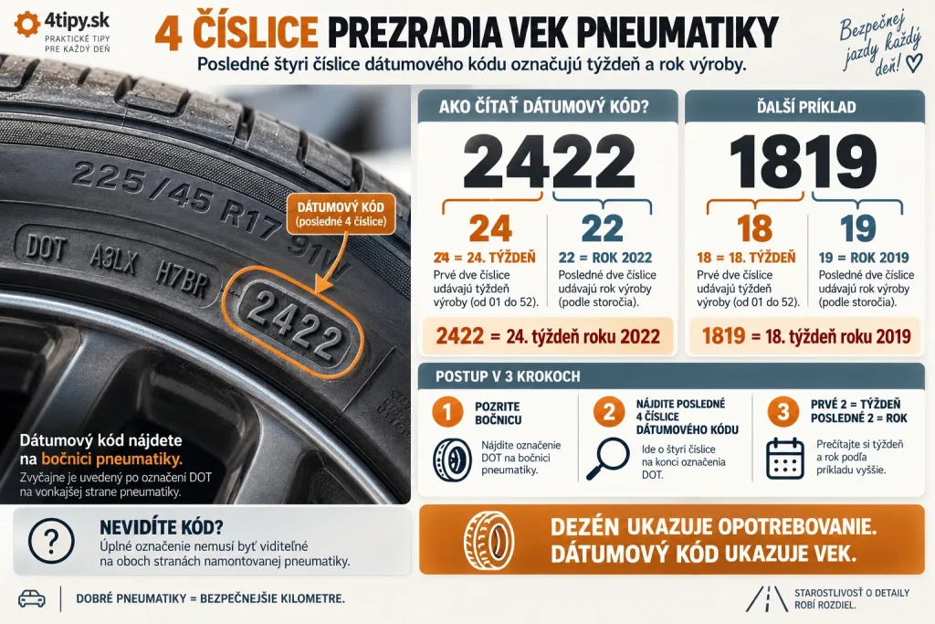 Ako zistiť vek pneumatiky podľa DOT kódu – štvormiestny dátumový kód na bočnici pneumatiky, prvé dve číslice označujú týždeň výroby a posledné dve rok výroby. Príklady DOT 2422 a 1819, kontrola dátumu výroby a veku automobilových pneumatík.