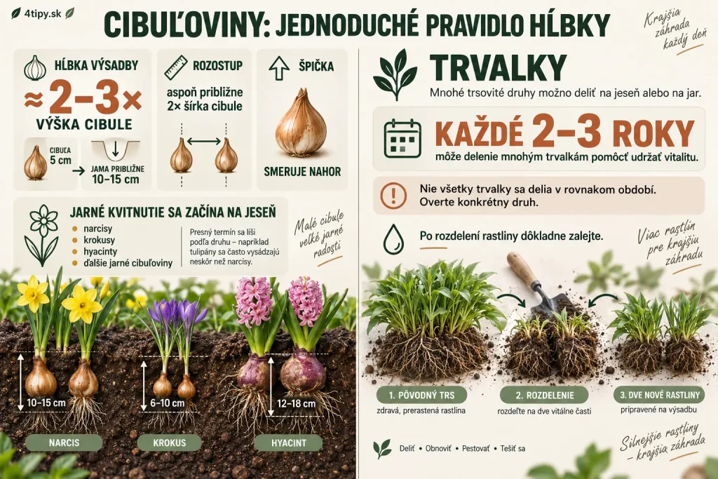 Výsadba jarných cibuľovín na jeseň – narcisy, krokusy, hyacinty a tulipány, správna hĺbka výsadby cibúľ dva až tri razy ich výška, rozostupy medzi cibuľami, delenie trvaliek na jeseň, omladenie trsov a príprava záhonov na jarné kvitnutie.